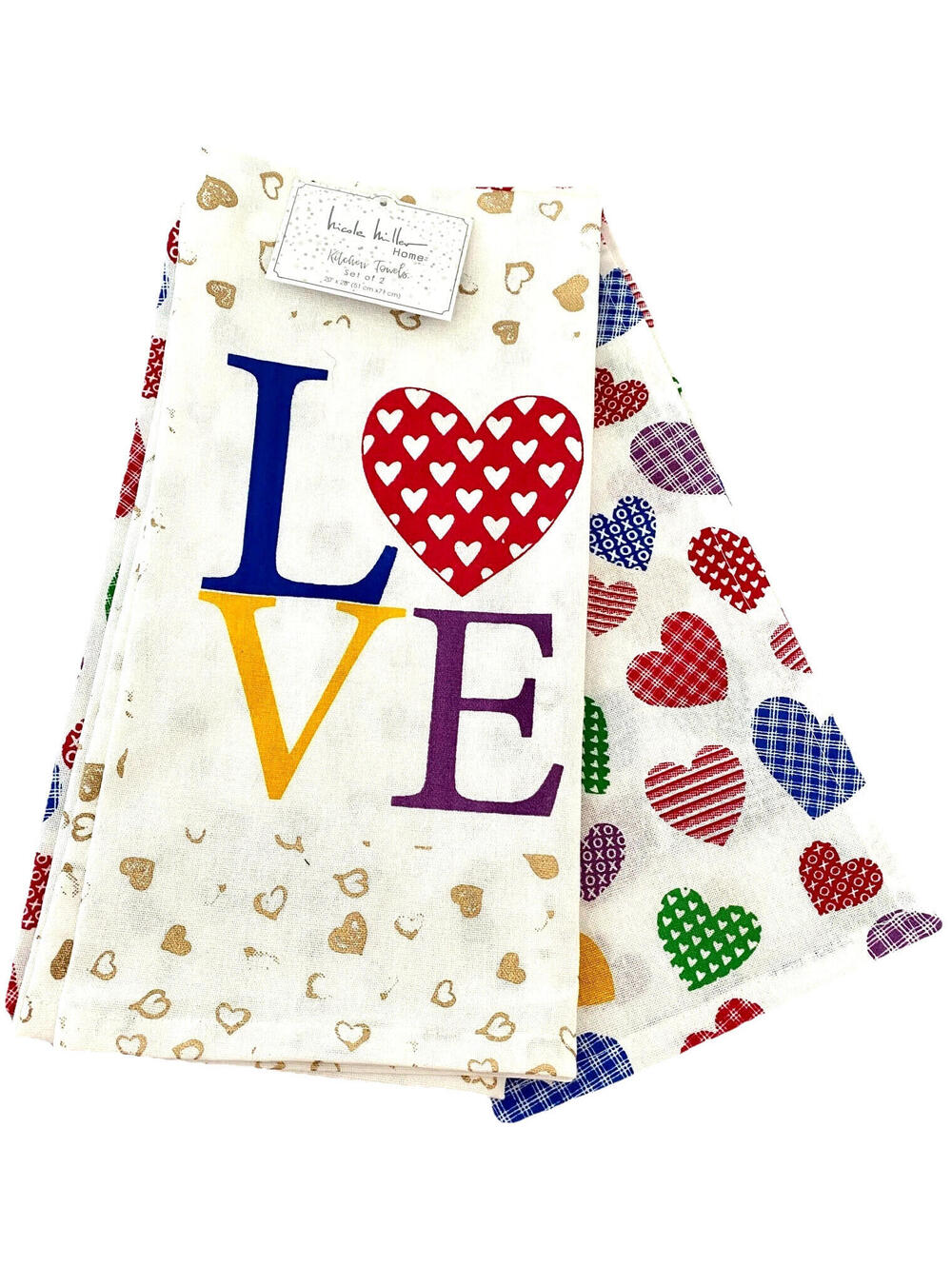 NWT Nicole Miller Set of 2 Kitchen Towels Heart Love Gay Pride Cotton 20x28